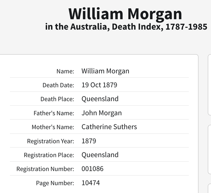 Death 1879 William Morgan son of John Morgan and Catherine Suthers