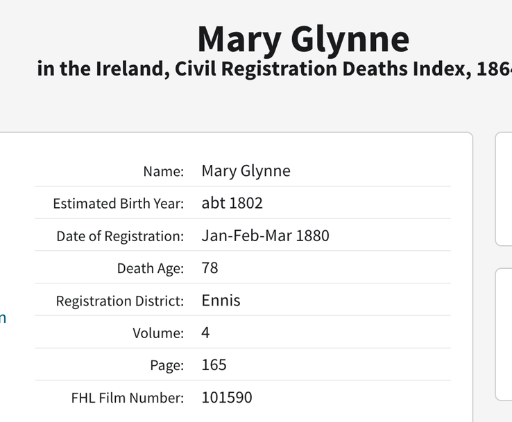 Death 1880 Mary Glynne in Ennis possibly our Mary Glynne