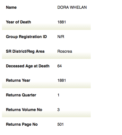 Death 1881 Dora Whelan (nee Frazer) Roscrea