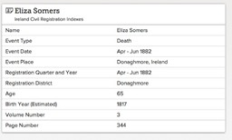 Death 1882 Eliza Somers aged 65 in Donaghmore Civil registry