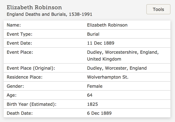 Death 1889 Elizabeth Robinson born 1825 of Wolverhampton St