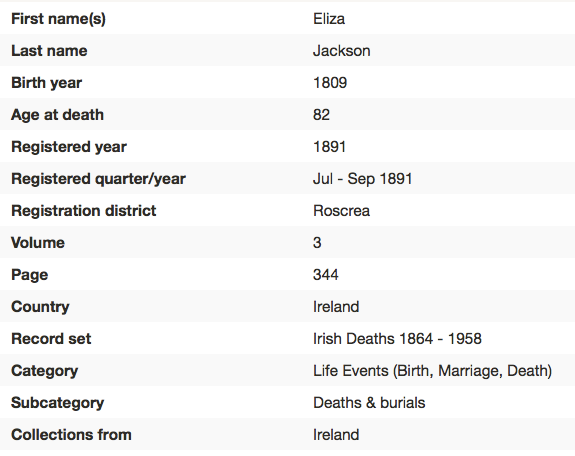 Death 1891 and birth of Eliza Jackson Phoebe's Mother 1809-1891