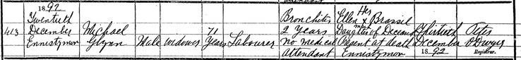 Death 1892 Michael Glynn in Ennistymon born 1821 daughter Ellen Brassell present