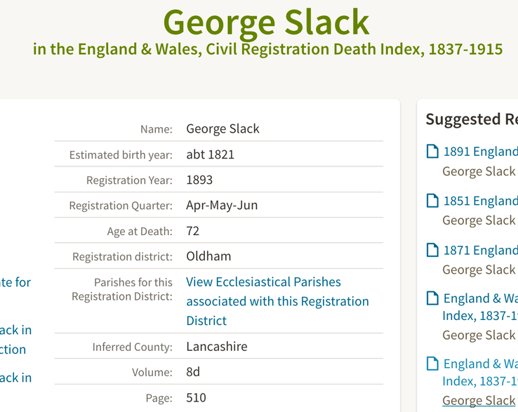 Death 1893 George Slack in Oldham Lancashire husband of Elizabeth Bell