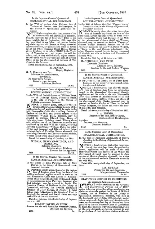 Death 1893 William Jackson notice 7th Oct 1893 granted to Mary Alice Jackson 