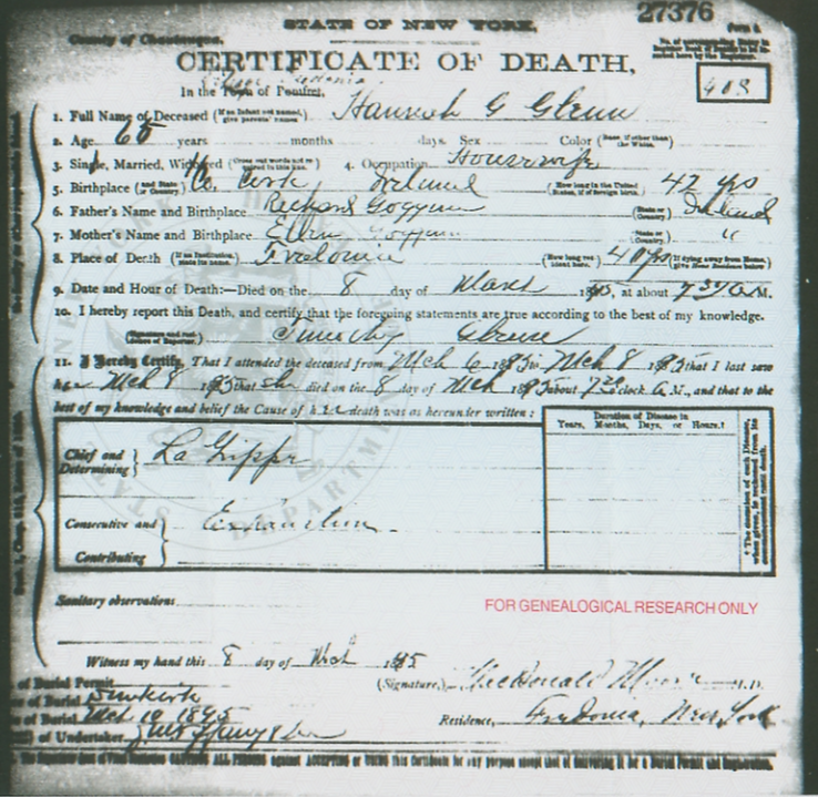 Death 1895 Hannah Glynn wife of Timothy Glynn in Fredonia