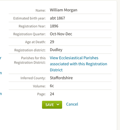 Death 1896 William Morgan age 29 son of William Morgan from Dudley