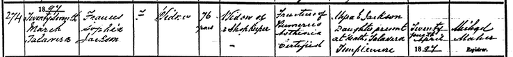 Death 1897 Frances Sophia Jackson (nee Frazer sister to Eliza) wife of John daughter Myra at death 