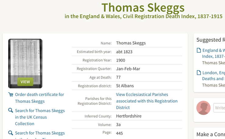 Death 1900 Thomas Skeggs aged 77 at St Albans