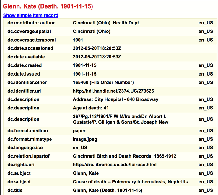 Death 1901 Kate Glenn nee McNamara in Cincinnati Ohio wife of John Glenn death Cert