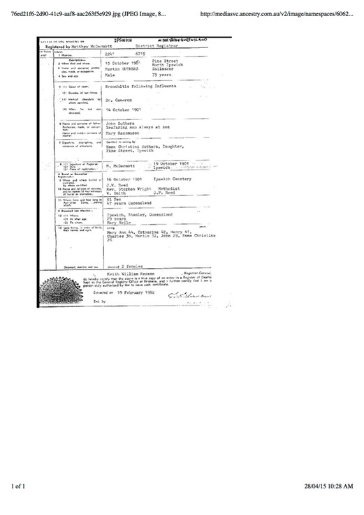 Death 1901 Martin Suthers Death Certificate showing all children