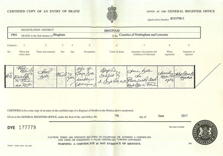 Death 1903 Sarah Bell certificate wife of our George Bell Bricklayer