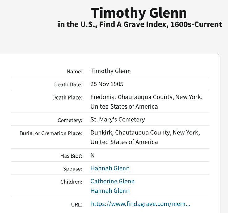 Death 1905 Timothy Glynn in Fredonia Chautauqua New York USA