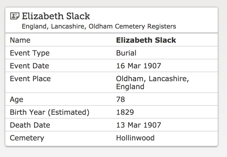 Death 1907 Elizabeth Slack at Oldham Lancashire 16th March 1907 age 78