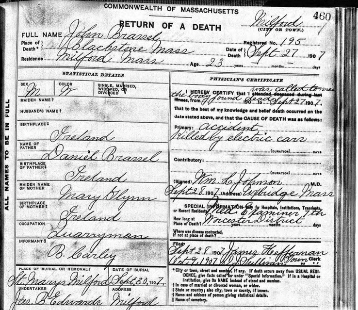 Death 1907 John Brassell son of Daniel Brassell and Mary Glynn in Blackstone Massachusetts USA