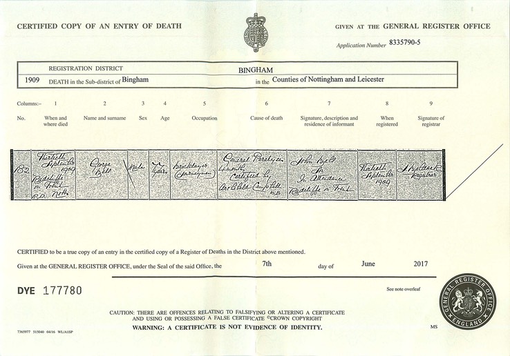 Death 1909 George Bell Certificate witnessed by son John