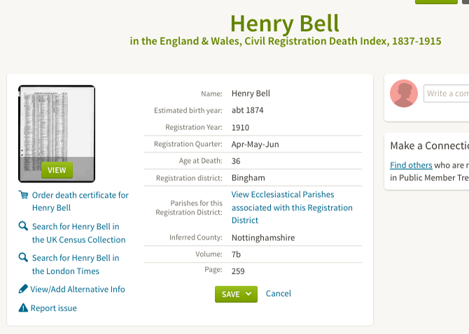 DEATH 1910 Henry Bell in ancestry shows INCORRECT age 36 at time of death