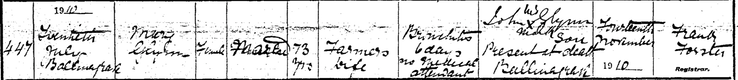 Death 1910 Mary Glynn 20th July nee Connell born 1837 wife of  John Glynn of Ballinagrave 