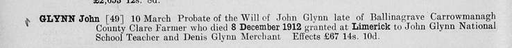 Death 1912 John Glynn in Ballinagrave brother of Ellen Glynn