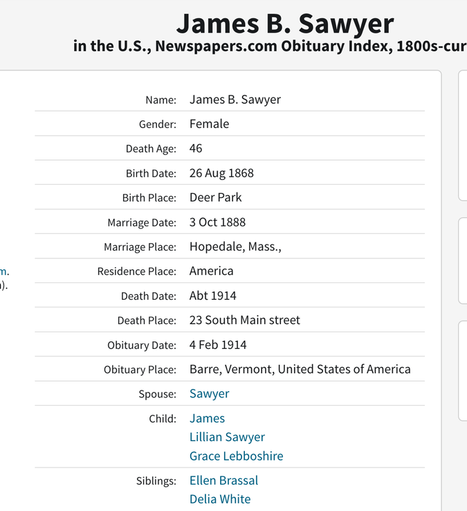 Death 1914 Catherine Sawyer nee Glynn wife of James B Sawyer