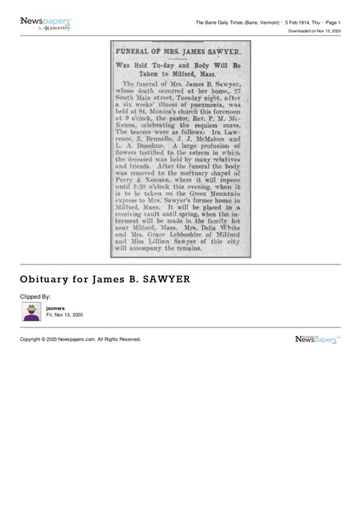 Death 1914 Kate Sawyer nee Glynn Obituary in Vermont