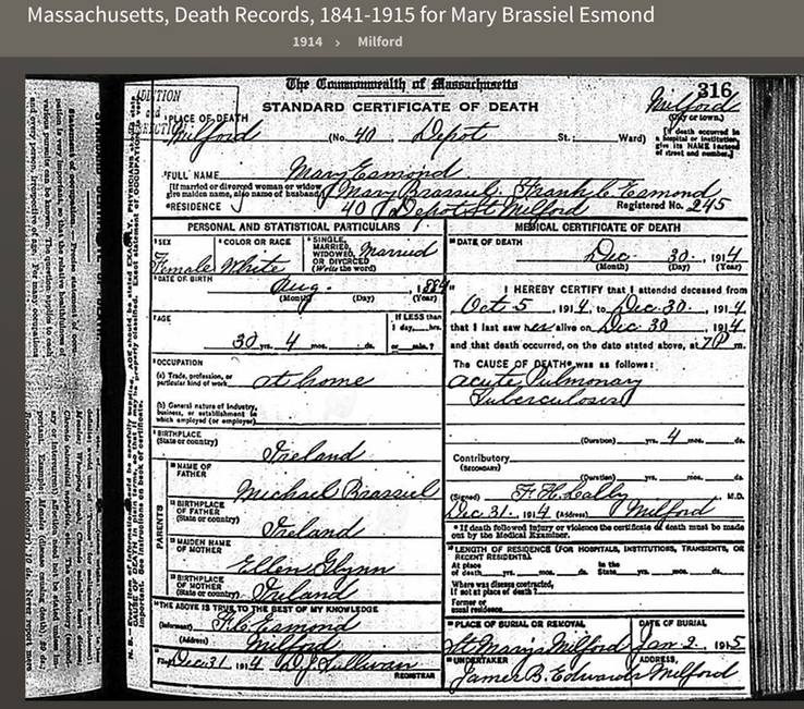 Death 1914 Mary Esmond daughter of Ellen Glynn and Daniel Brassiel in Milford Massachusetts