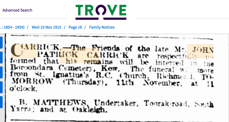 Death 1915 John Patrick Carrick husband of Mary Glynn