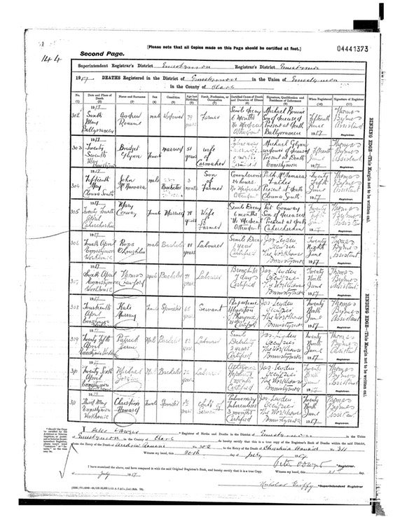 Death 1917 Bridget Glynn wiife of Michael Glynn son of Patrick Glynn in Ennistymon