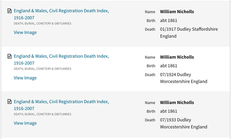 Death 1917 William Nicholls and 2 other possibilities in Dudley