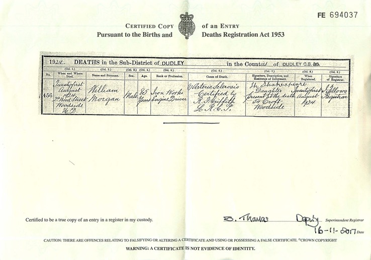 Death 1924 William Morgan 21st August 1924 in Dudley