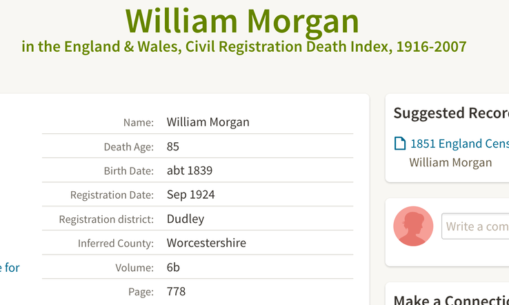 Death 1924 William Morgan age 85 in Dudley