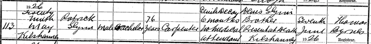 Death 1926 Patrick Glynn born abt 1850 son of our Patrick at Kilshanny