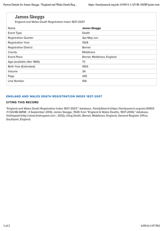 Death 1928 James Skeggs (born 1855) ge 73 in Barnet