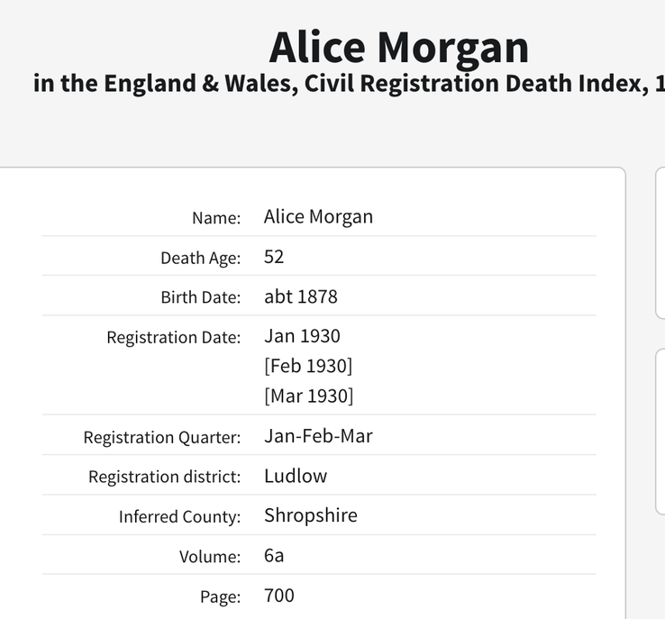 Death 1930 Alice Morgan nee Alice Beeks wife of young Thomas Morgan