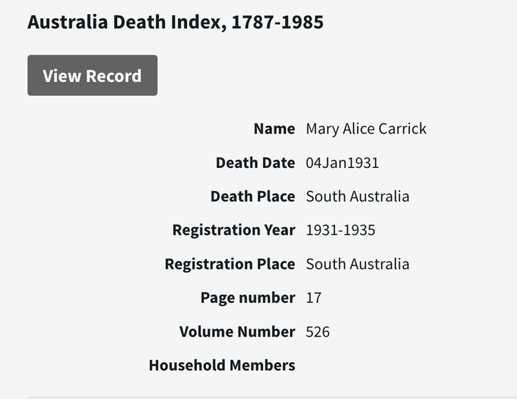 Death 1931 Mary Alice Carrick in South Australia