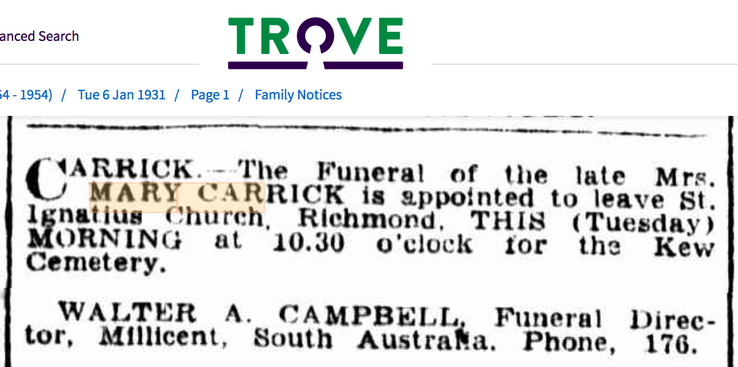 Death 1931 Mary Carrick nee Mary Glynn