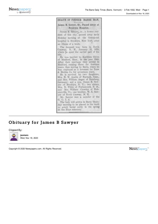 Death 1932 James B Sawyer Obituary husband of Kate Glynn