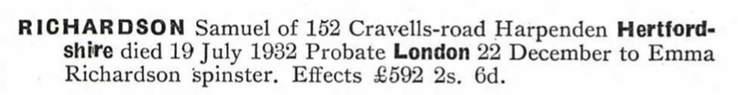 Death 1932 Samuel Richardson father of Emma at 152 Cravells rd Harpenden