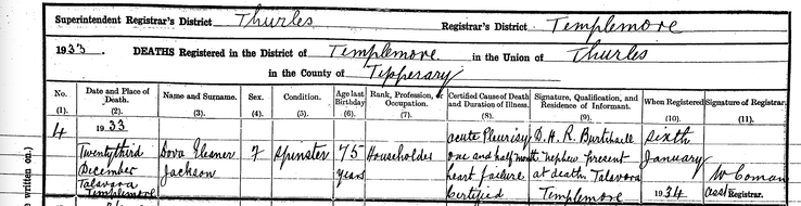 Death 1933 Dora Eleanor Jackson daughter of John Jackson in Templemore