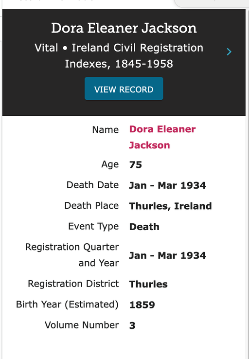 Death 1934 Dora Jackson daughter of John Jackson