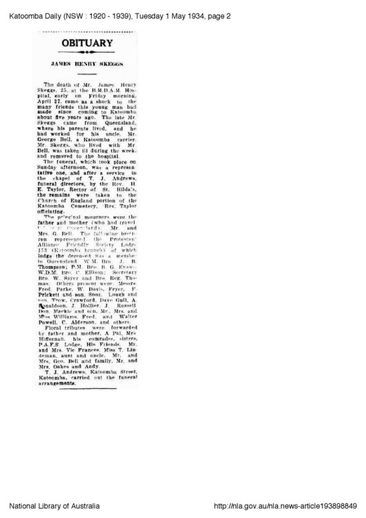 Death 1934 James Skeggs Obituary at Katoomba