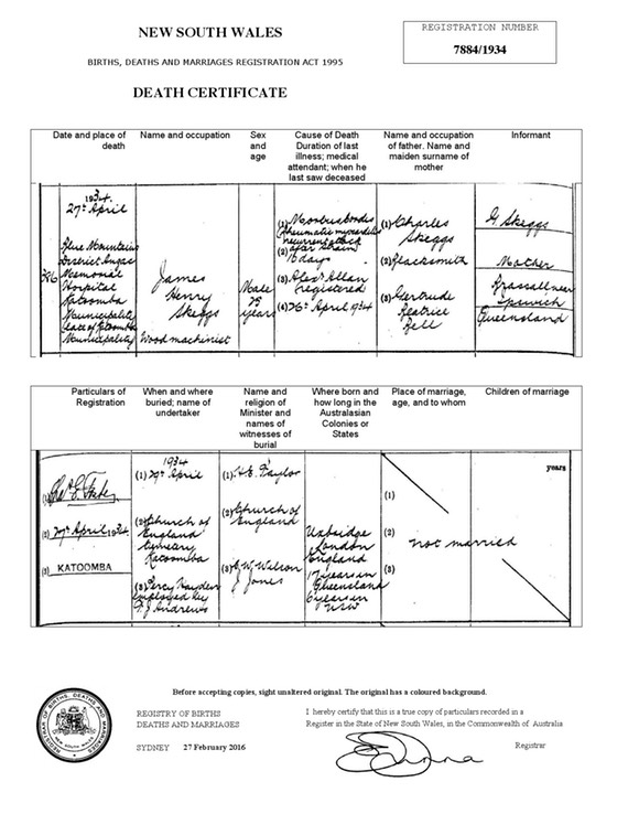 Death 1934 James Skeggs (born 1909) Certificate and Morbus Cordis page 1