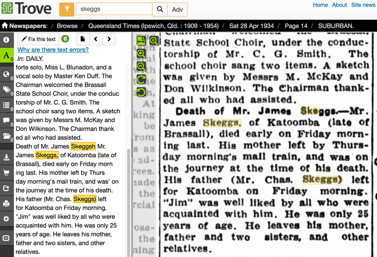 Death 1934 James Skeggs Newspaper article