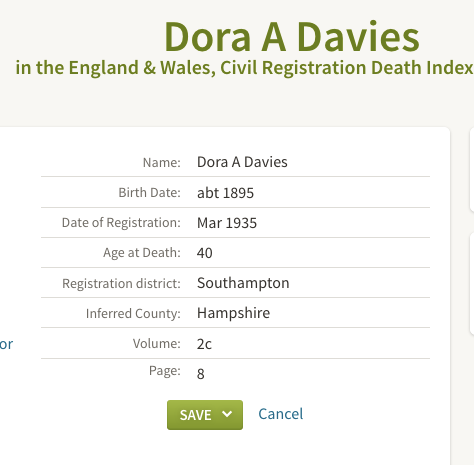 Death 1935 Dora A Davies (wife of Ralph Bell)