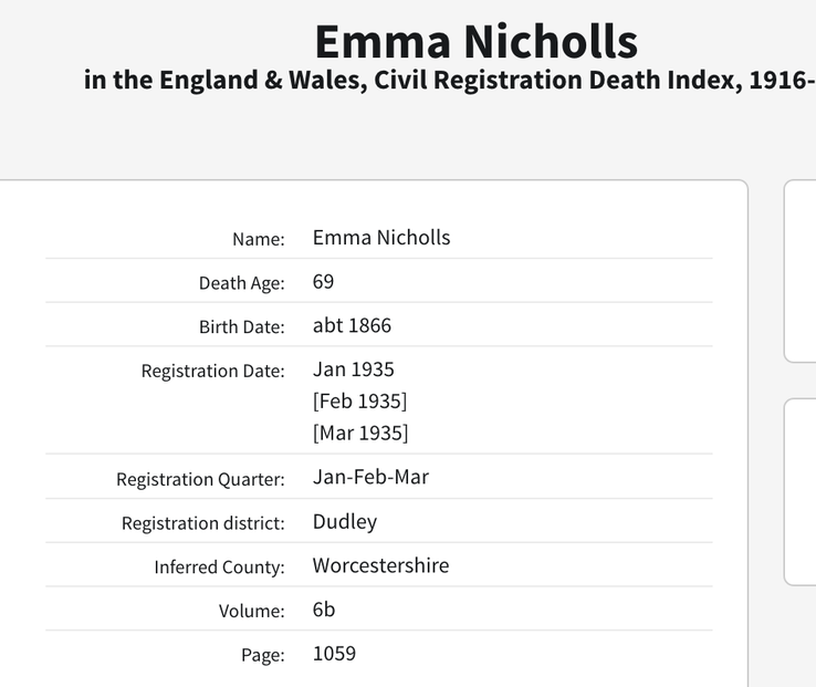 Death 1935 Emma Nicholls wife of William H Nicholls