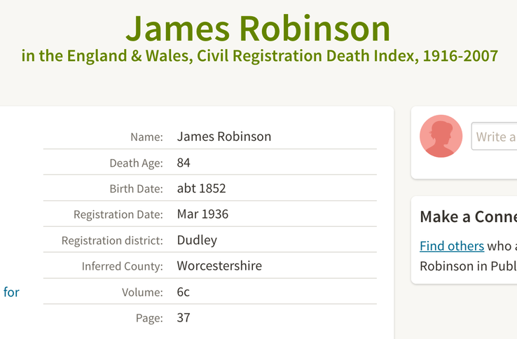 Death 1936 James Robinson son of Elizabeth Robinson nee Morgan in Dudley