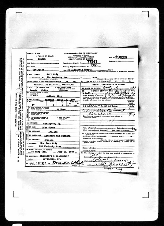 Death 1937 Mary Alig nee Glynn born 15th April 1880 parents John Glynn and Katheryn Mac Namara in usa