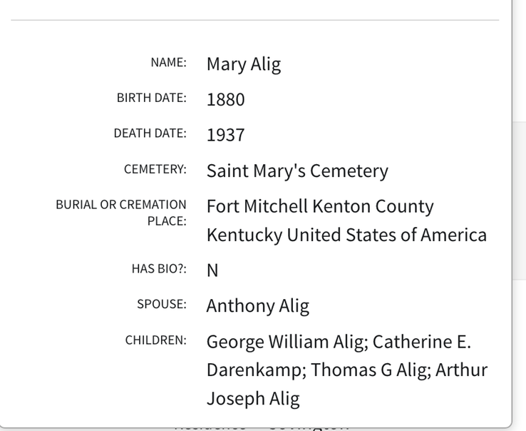 Death 1937 Mary Alig nee Mary Glynn related to Alig and Darenkamp