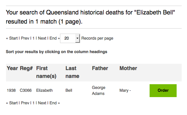 Death 1938 Elizabeth Bell Queensland BMD Parents Mary and George Adams (should be Robert)