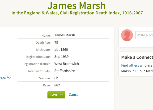 Death 1939 James Marsh Sep 1939 in West Bromwich born abt 1860